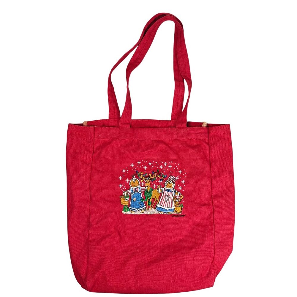 Vintage Longaberger Red Tote Bag With Gingerbread Embroidery & Double Handles